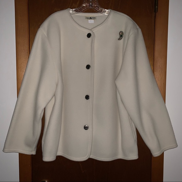 Women’s L VTG USA AQUA SHEEN Polar Fleece Light Cream Button Up Jacket EXC LN - Picture 1 of 14